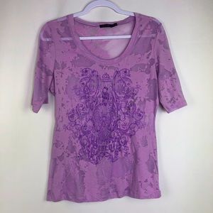 Seven7 Sheer Shirt Short Sleeve Rhinestone Purple Bling Y2K Family Crest Top
